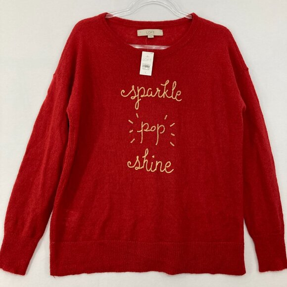 New LOFT Large Red Embroidered Graphic Wool Mohair Blend Light Sweater Holiday - Picture 1 of 10